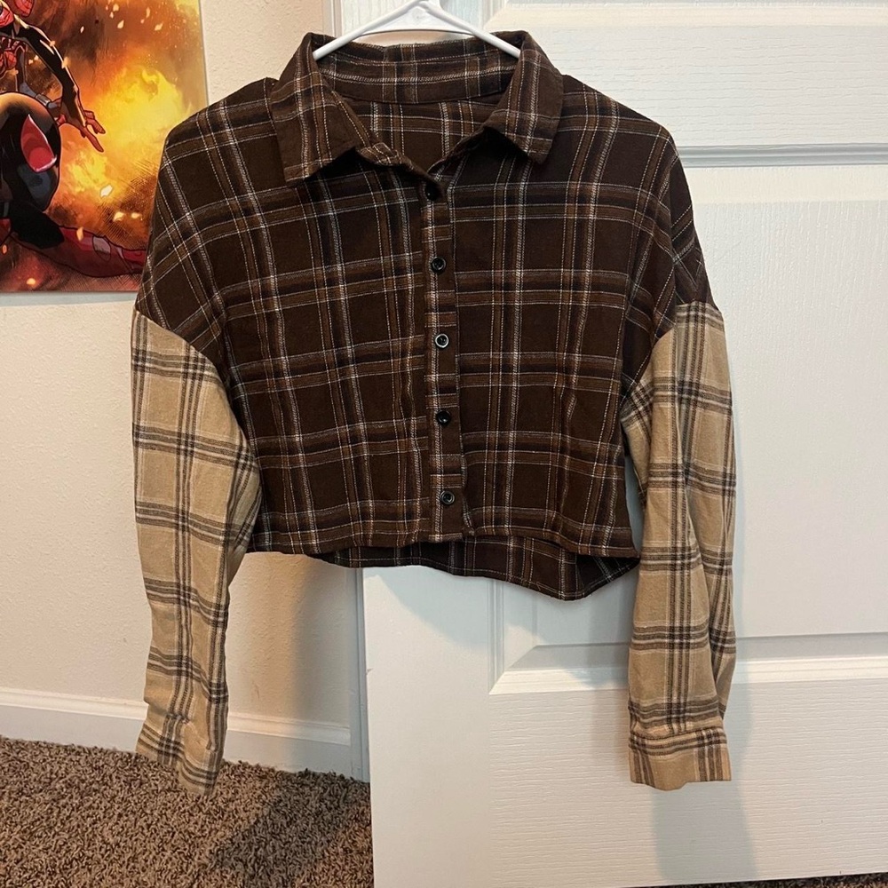 Brown and tan plaid womens cropped flannel